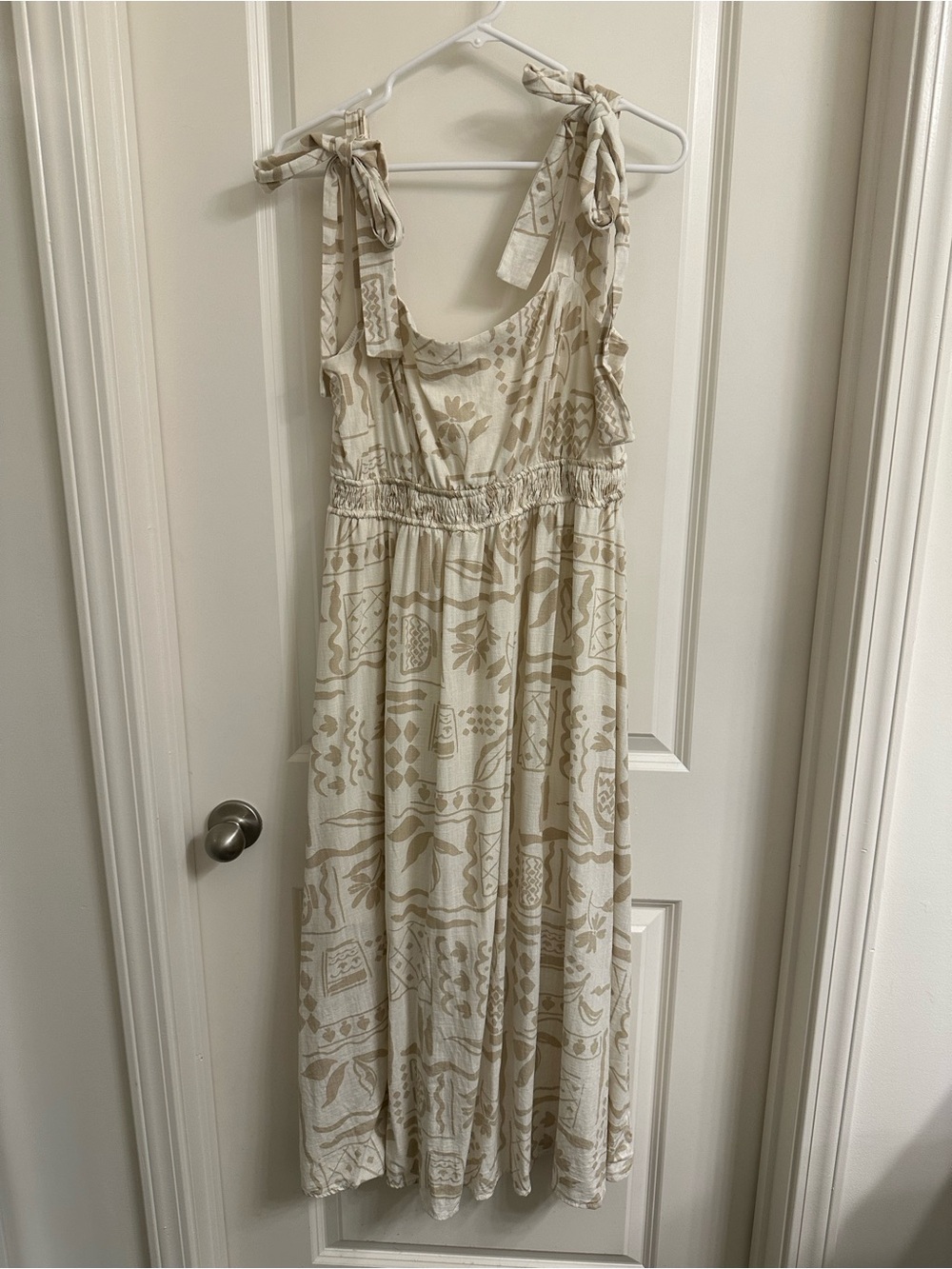 Pink Lily Cream & Tan Patterned Tie-Shoulder Maxi Dress